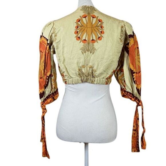Nocturne Linen Blend Boho Crop Top Tie Puff Sleeves Gold Brown Orange Medium - Picture 5 of 15
